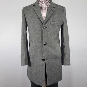 H&M Men's Trench Overcoat Gray Herringbone Polyester Three Button Size 42R